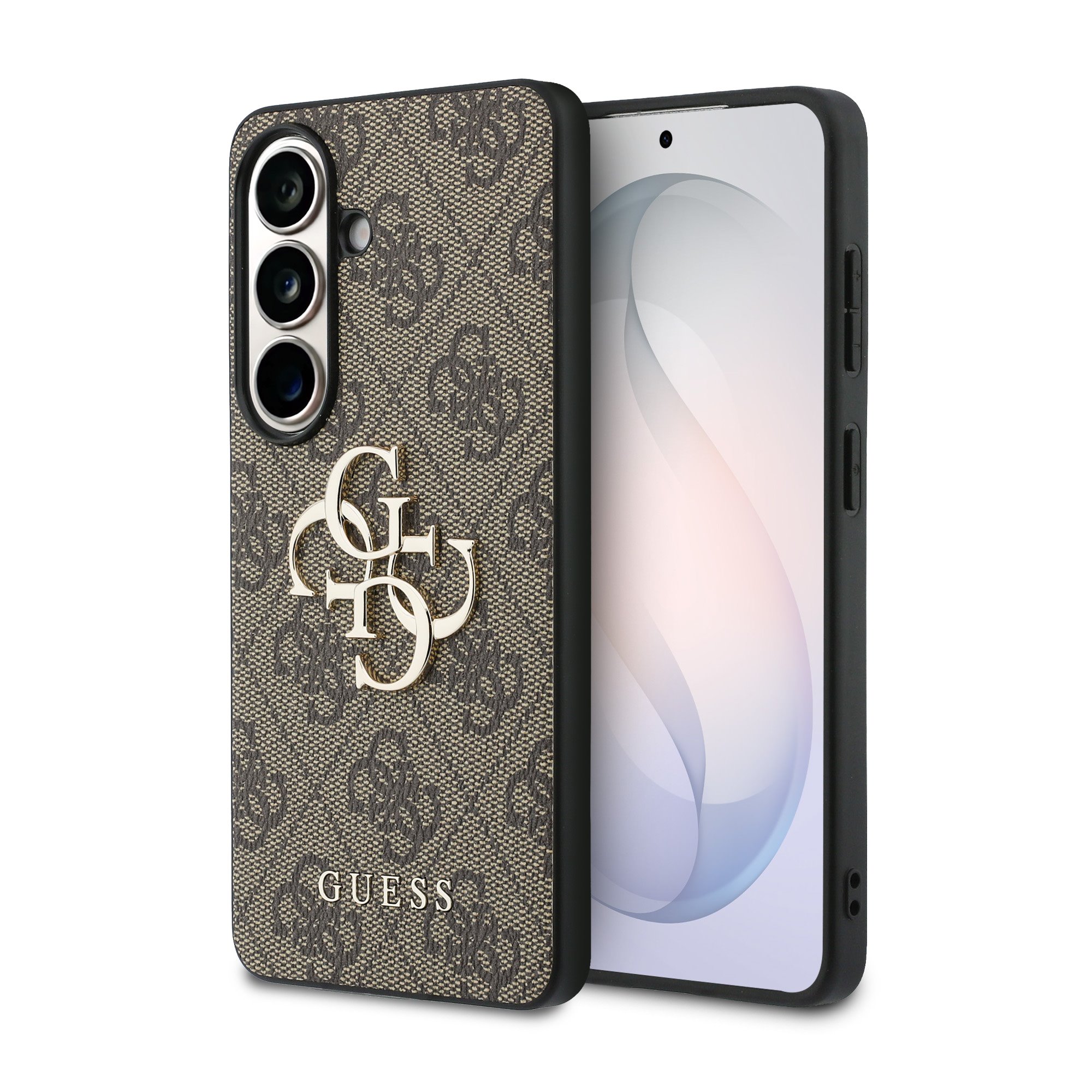 Rudas Guess PU 4G Metal Logo deklas Samsung Galaxy S26 Rudas tekstūruotas Guess dėklas su aukso spalvos metaliniu logotipu, matomas galinis kameros modulis