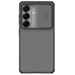 Skaidrus juodas deklas Nillkin CamShield PRO Samsung Galaxy S26, matomas kameros modulis ir diagoninis rastas apacioje