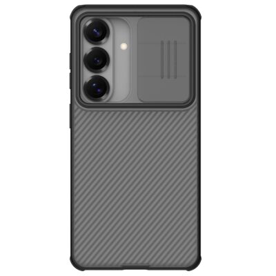 Skaidrus juodas deklas Nillkin CamShield PRO Samsung Galaxy S26, matomas kameros modulis ir diagoninis rastas apacioje