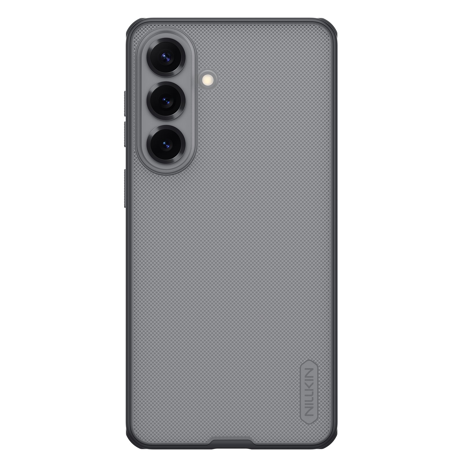 Skaidrus-juodas plastikinis deklas Samsung Galaxy S26 Plus Nillkin Super Frosted Shield Skaidrus-juodas plastikinis deklas Samsung Galaxy S26 Plus su teksturu pavirsiuje, matomos 3 kameru iskirpimai ir Nillkin logotipas apacioje.