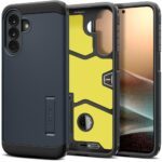 Metalo spalvos dėklas Samsung Galaxy A57 5G Spigen Tough Armor – mėlynas išorinis rėmas su geltonomis vidinėmis plokštėmis