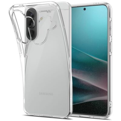 Skaidrus dėklas Samsung Galaxy A57 5G Spigen Liquid Crystal, matomas telefone su aiškiu nugaros paviršiumi ir kamera.