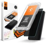 Privatumo stikliukas Samsung S26 Plus su SPIGEN Glas.Tr EZ Fit Pro HD, matoma pakuotė su oranžiniais akcentais