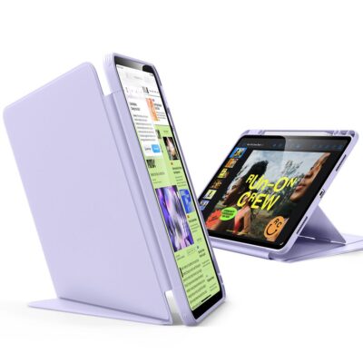 Purpurinis dėklas su sulankstomu stovu, rodomi du Apple iPad Air įrenginiai
