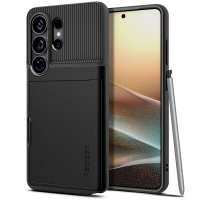 Juodas dėklas Samsung Galaxy S26 Ultra Spigen Slim Armor Cs, matomas ribotas reljefas viršuje, triple kamera modulis ir iškišamas S Pen.
