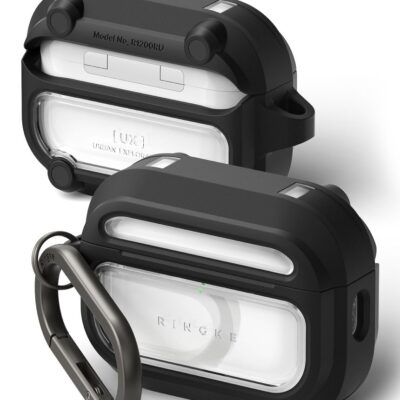 Juodas Apple Airpods Pro 3 Ringke UX Magnetic MagSafe dėklas su skaidriu galiniu langeliu.