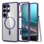 Tamsiai violetinis dėklas Samsung Galaxy S26 Ultra Spigen Ultra Hybrid Mag Magsafe; matoma skaidri nugara, kameros blokas ir šalia esantis stylusas.