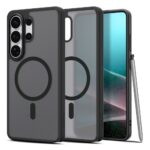 Juodas frost deklas Samsung Galaxy S26 Ultra su MagSafe ziedu ir salia esantis stilus.