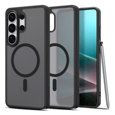 Juodas frost deklas Samsung Galaxy S26 Ultra su MagSafe ziedu ir salia esantis stilus.