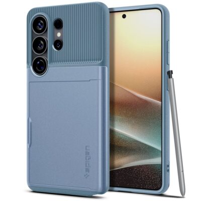 Mėlynas dėklas Samsung Galaxy S26 Ultra Spigen Slim Armor Cs – matomas galinis kameros modulis ir šalia esantis stilus