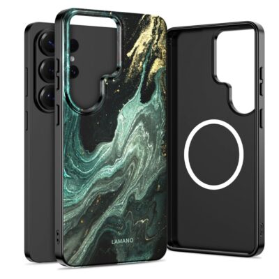 Verde Aura deklas Samsung Galaxy S26 Ultra Tech-Protect Lamano Magsafe su zalia marmoro nugara ir juodu remu