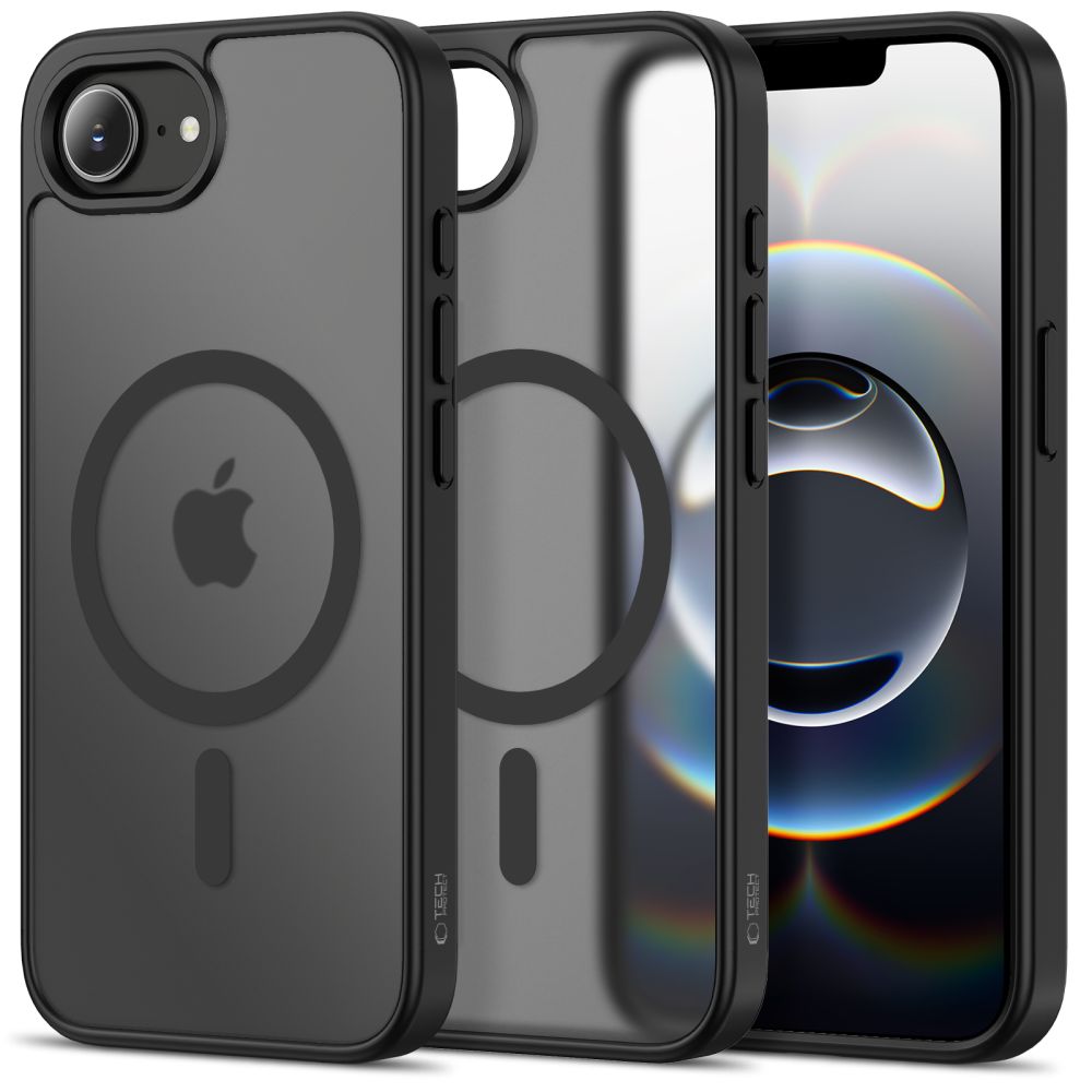 Juodas matinis deklas Apple iPhone 16E/17E Tech-Protect Basicmag Magsafe Juodas matinis deklas telefonui Apple iPhone 16E/17E su MagSafe ziedu, matomas paviršius ir kameros skyrius.