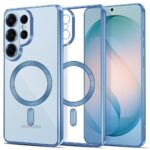 Šviesiai mėlynas dėklas Samsung Galaxy S26 Ultra su apvaliu laikikliu ant nugarėlės, matomi keturi kameros lęšiai.