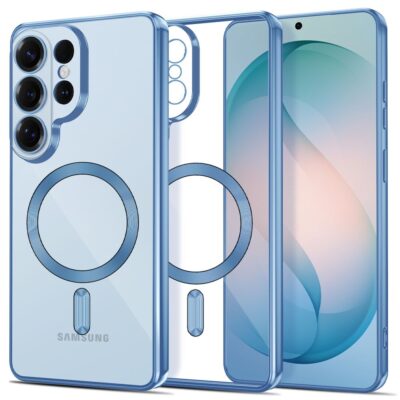 Šviesiai mėlynas dėklas Samsung Galaxy S26 Ultra su apvaliu laikikliu ant nugarėlės, matomi keturi kameros lęšiai.