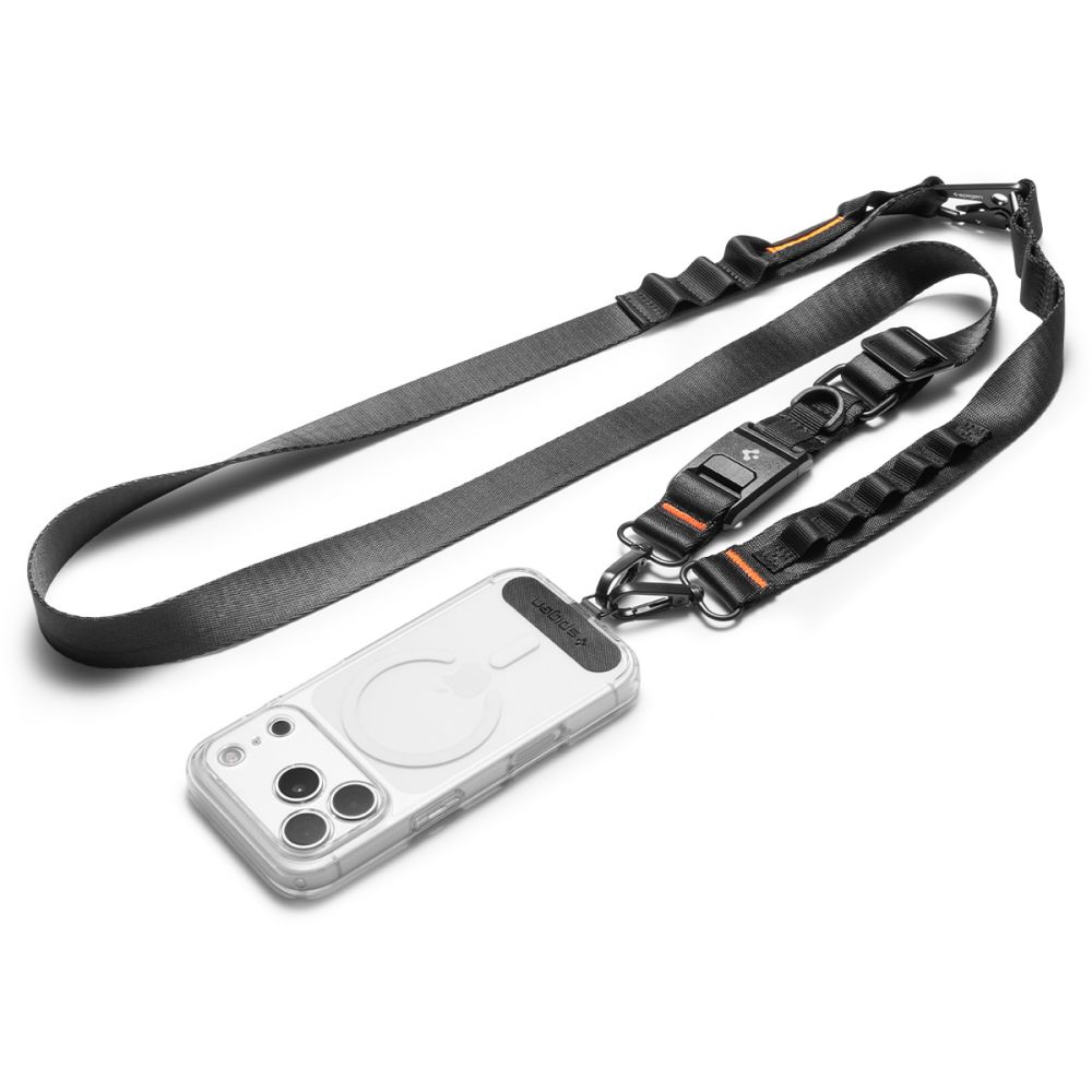 Daugiafunkcinis dirželis SPIGEN DA30M UNIVERSAL LANYARD STRAP CROSSBODY Juodas SPIGEN DA30M universalus lanyard dirželis su metaliniais kabliukais ir oranžine siūle
