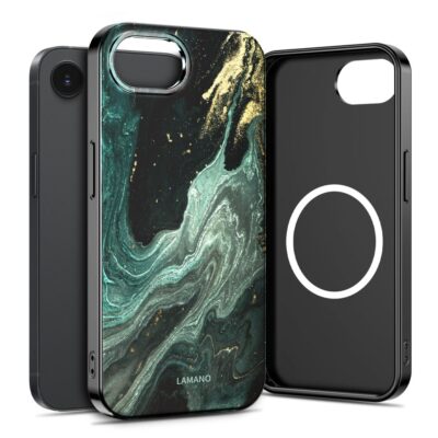 Verde aura dėklas Apple Iphone 16E / 17E Lamano MagSafe, marmurinio žalio paviršiaus su aukso akcentais