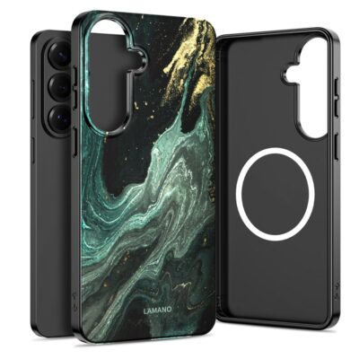 Verde aura dėklas Samsung Galaxy A57 5G su MagSafe – juodas dėklas su žalia marmurine tekstūra