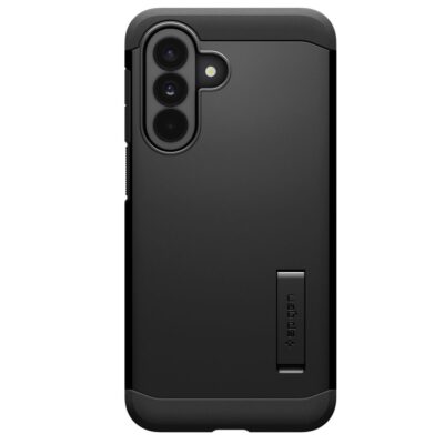 Juodas Spigen Tough Armor dėklas Samsung Galaxy A37 5G su tvirta rėmo apsauga ir integruotu laikikliu