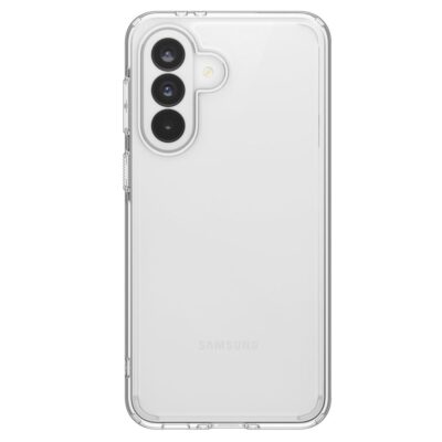 Skaidrus dėklas ant Samsung Galaxy A37 5G, matomi trijų kamerų modulių rėmeliai.