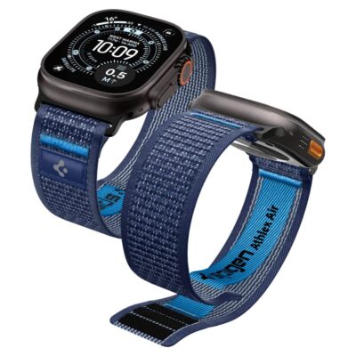 Tamsiai mėlyna Apple Watch apyrankė su Spigen Athlex Air 2 audinio juosta