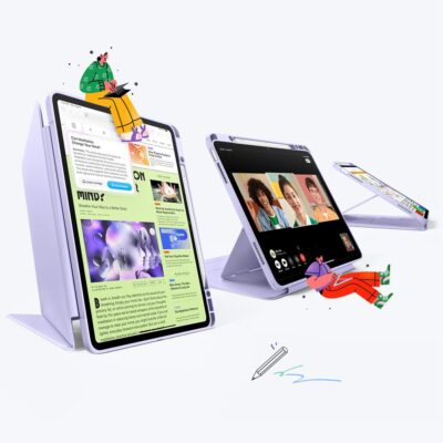 Purpurinis dėklas Apple iPad Air 13 su ESR Flip Hybrid, trys planšetiniai įrenginiai stovi ant balto paviršiaus.