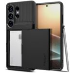 Juodas Spigen Slim Armor Cs dėklas Samsung Galaxy S26 Ultra su kortelių kišene ir šalia matomu stylus
