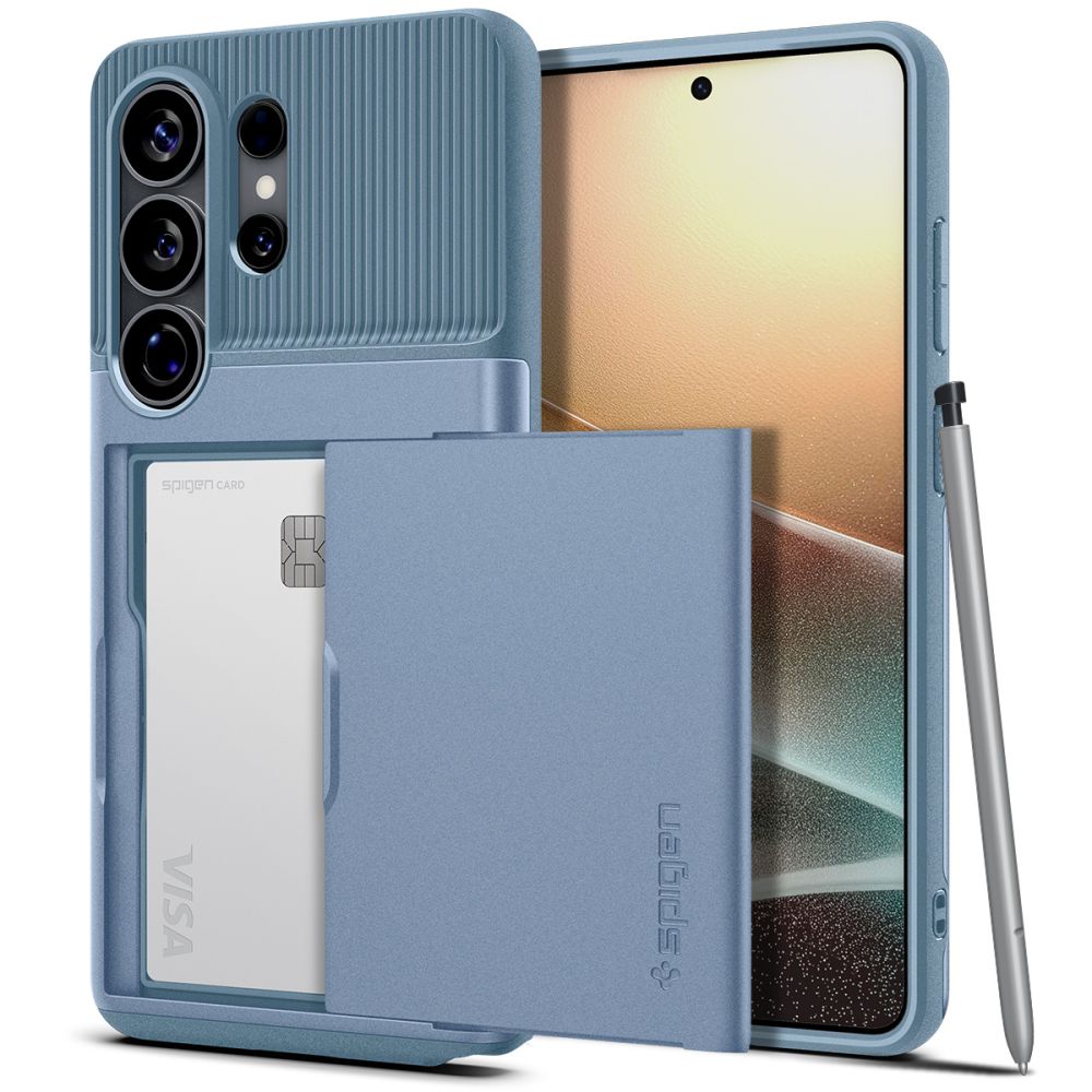 Mėlynas dėklas Samsung Galaxy S26 Ultra Spigen Slim Armor Cs Melynas Spigen Slim Armor Cs dėklas su kortelių kišene Samsung Galaxy S26 Ultra, šalia yra S Pen.