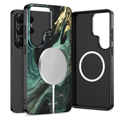 Verde Aura dėklas Samsung Galaxy S26 Ultra su marmuro dizainu ir MagSafe laikikliu