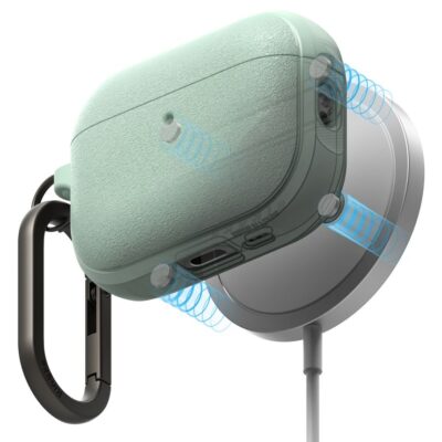 Zalias dėklas Apple AirPods Pro 3 Ringke Onyx Magnetic MagSafe, matomas juodas karabinas ir magnetiniai elementai.