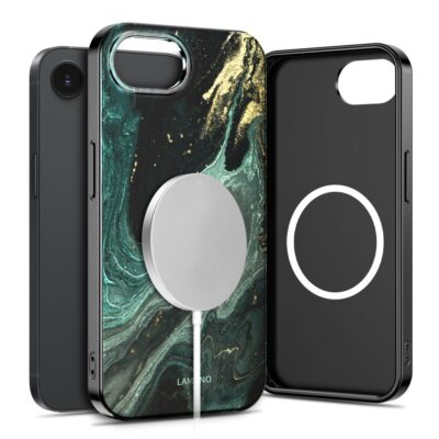 Verde aura dėklas Apple Iphone 16E/17E su žalio marmuro dizainu ir baltu MagSafe disku ant nugaros