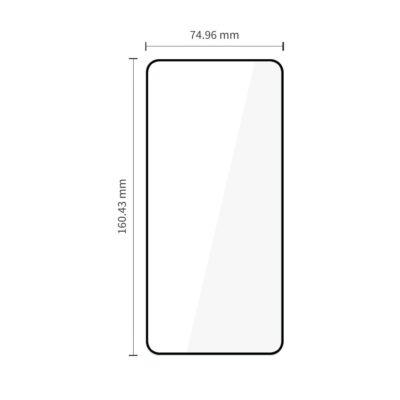 Samsung Galaxy S26 Ultra ekrano apsaugos stiklo konturas su matmenimis nurodymais