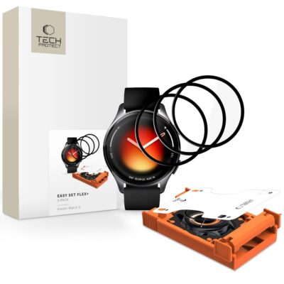 Juodas apsauginis stiklas Xiaomi Watch 5 TECH-PROTECT EASY SET FLEX+ 3-PACK laikrodyje su papildomais stiklais