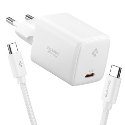 Baltas įkroviklis su laidu SPIGEN EE451EU ESSENTIAL 45W USB-C kabeliu, matomas europinis kištukas.