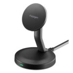 Juodas belaidis pakrovėjas SPIGEN EF151MS ESSENTIAL MAGNETIC MAGSAFE WIRELESS CHARGER 15W su stovu ir LED indikatoriumi
