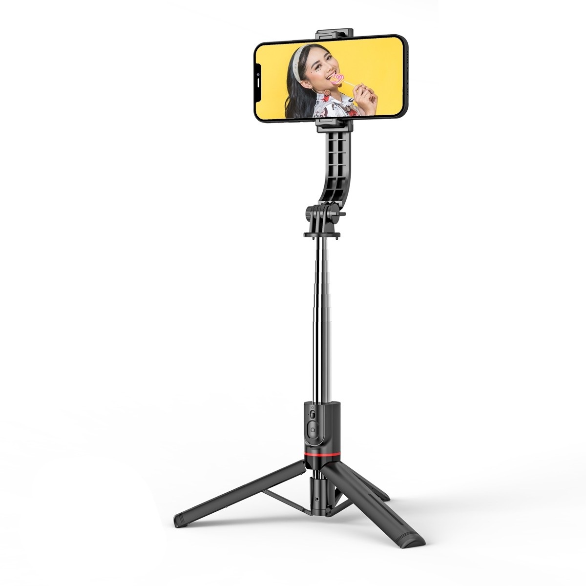 Juoda asmenukių lazda Awei X50 Juoda asmenukių lazda Awei X50 su ištraukiamu stiebu ir trikojo kojomis laikantis išmanųjį telefoną