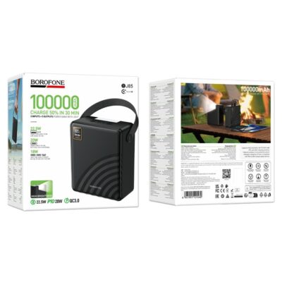 Juoda isorinė baterija Power Bank Borofone BJ85 su 100000mAh talpa, matoma dėžutės nuotraukoje.