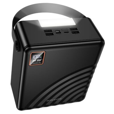 Juoda isorinė baterija Borofone BJ85 su skaitmeniniu ekranu ir įkrovimo uostais