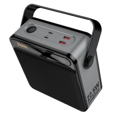 Juoda išorinė baterija Power Bank Hoco J161 su rankena ir įkrovimo jungtimis viršuje
