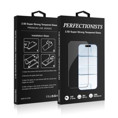 Juodas apsauginis stiklas Samsung S731 S25 FE Perfectionists 2.5D Super Strong, matoma pakuotė su instrukciju paveikslėliais ir telefonu