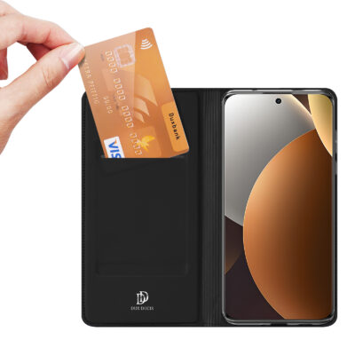 Juodas atverciamas deklas Xiaomi Redmi Note 15 Pro Plus 5G su korteliu kisene, atverstas ir matomas telefonas