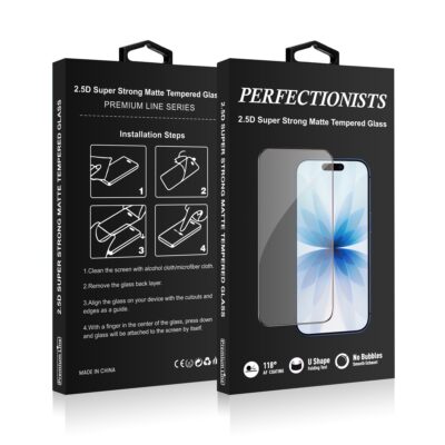 Perfectionists 2.5D matinis temperuotas stiklas pakuote juodos spalvos, rodomos instrukcijos ir telefonas su stiklu
