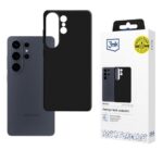 Juodas matinis dėklas Samsung S948 S26 Ultra 3MK Matte, šalia telefono ir dėklų pakuotės