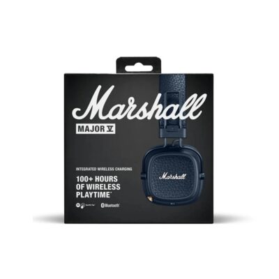 Tamsiai mėlynos belaidės Marshall Major V On-Ear ausinės su dėžute