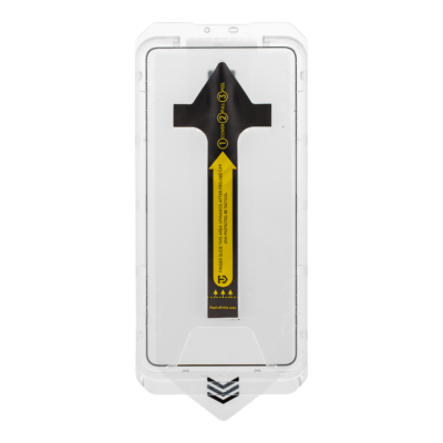 Permatomas įpakavimas su juodo kryžiaus formos laikikliu ir geltonais lipdukais, skaidrus dėklas