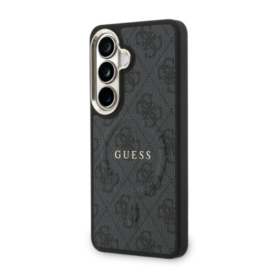 Juodas dėklas telefonui Samsung Galaxy S26 Plus su PU leather tekstūra, auksiniu kameros rėmeliu ir GUESS logotipu