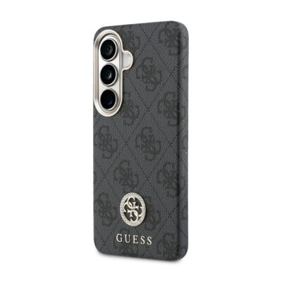 Juodas dėklas telefonui Samsung Galaxy S26 su Guess PU Leather tekstūruotu paviršiumi ir metaliniu logotipo akcentu