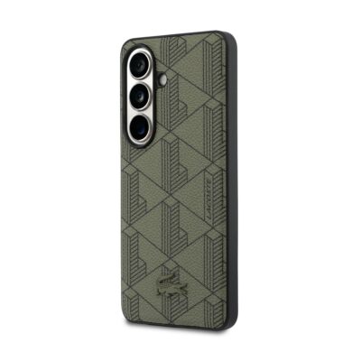 Khaki spalvos Lacoste PVC Blend monogram magnetinis deklas Samsung Galaxy S26 su geometrine tekstura ir kroko logotipu apačioje