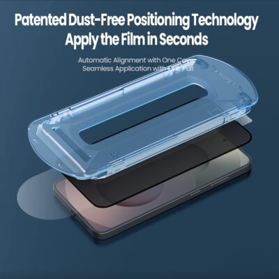 Juodas apsauginis ekrano stikliukas Samsung Galaxy S26, matomas skaidrus miẻlynos spalvos stiklo rėmelis virš telefono