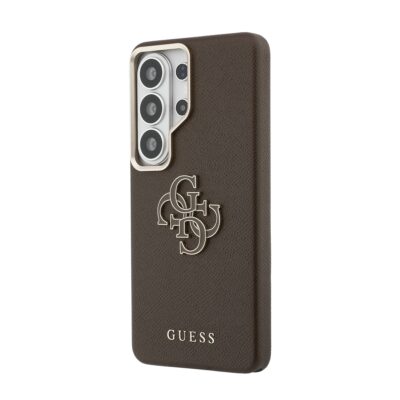 Rudas Guess PU dėklas Samsung Galaxy S26 Ultra su metaliniu logotipu GG ir GUESS ženklu