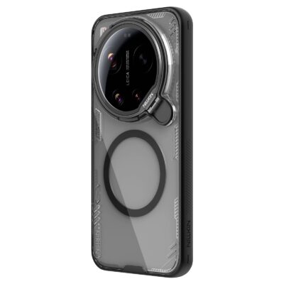 Permatomas juodas deklas Xiaomi 17 Ultra su dideliu kameros moduliu, Nillkin Iceblade Prop Magnetic remu ir Leica zenkla